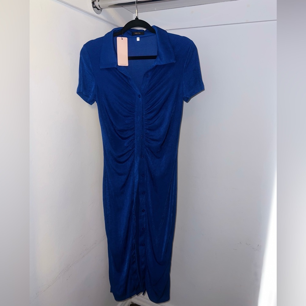 Solid Ruched Button Up Collar Midi Dress
